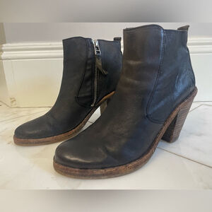 All Saints, euro 38 US 7-7.5, black leather ankle boot wood chunky block heel